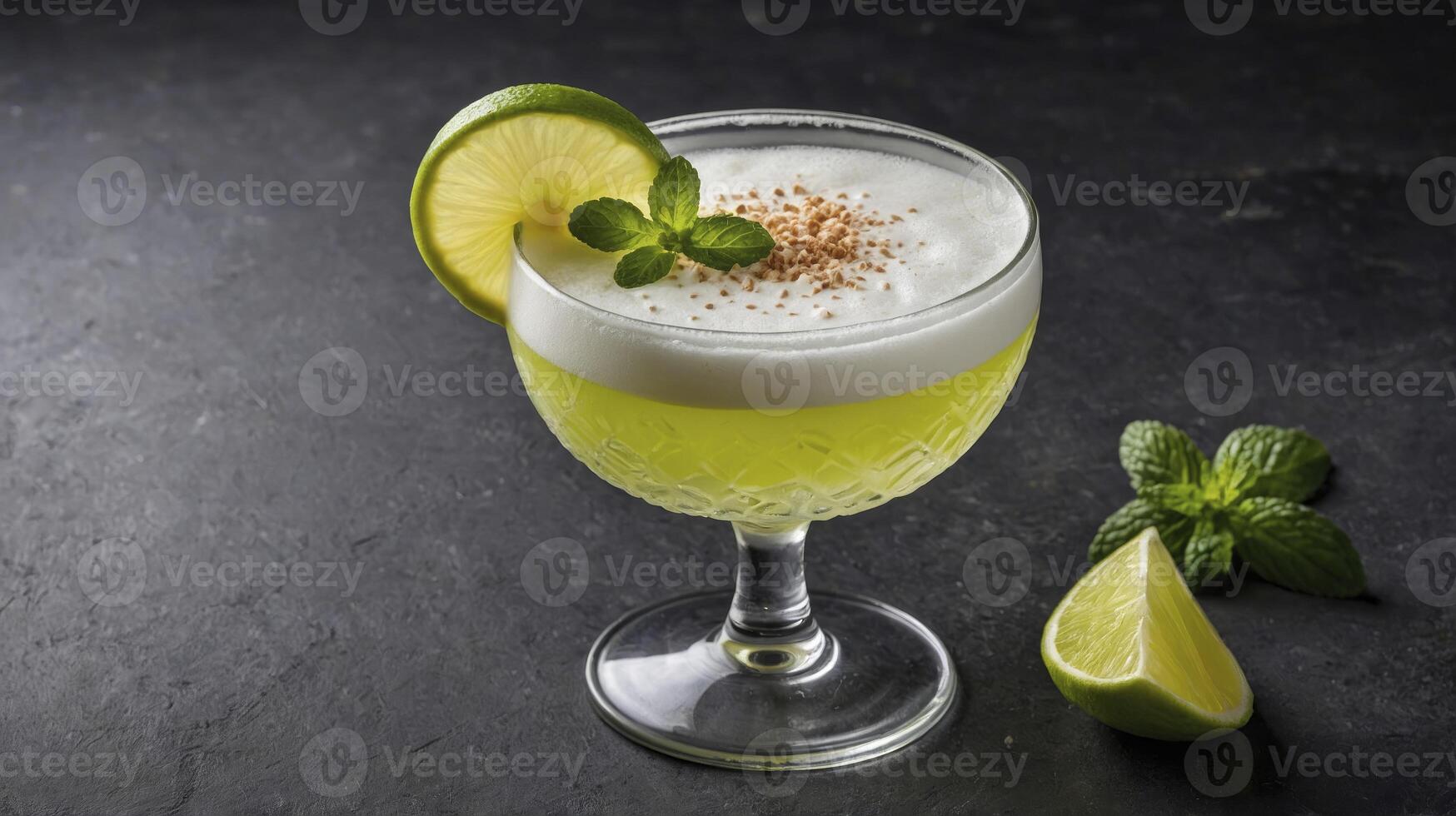 Refreshing Pisco Sour Cocktail with Lime and Mint on Dark Background photo
