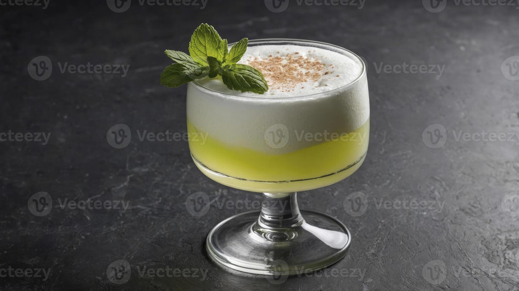 Refreshing Pisco Sour Cocktail with Mint Garnish on Dark Background photo