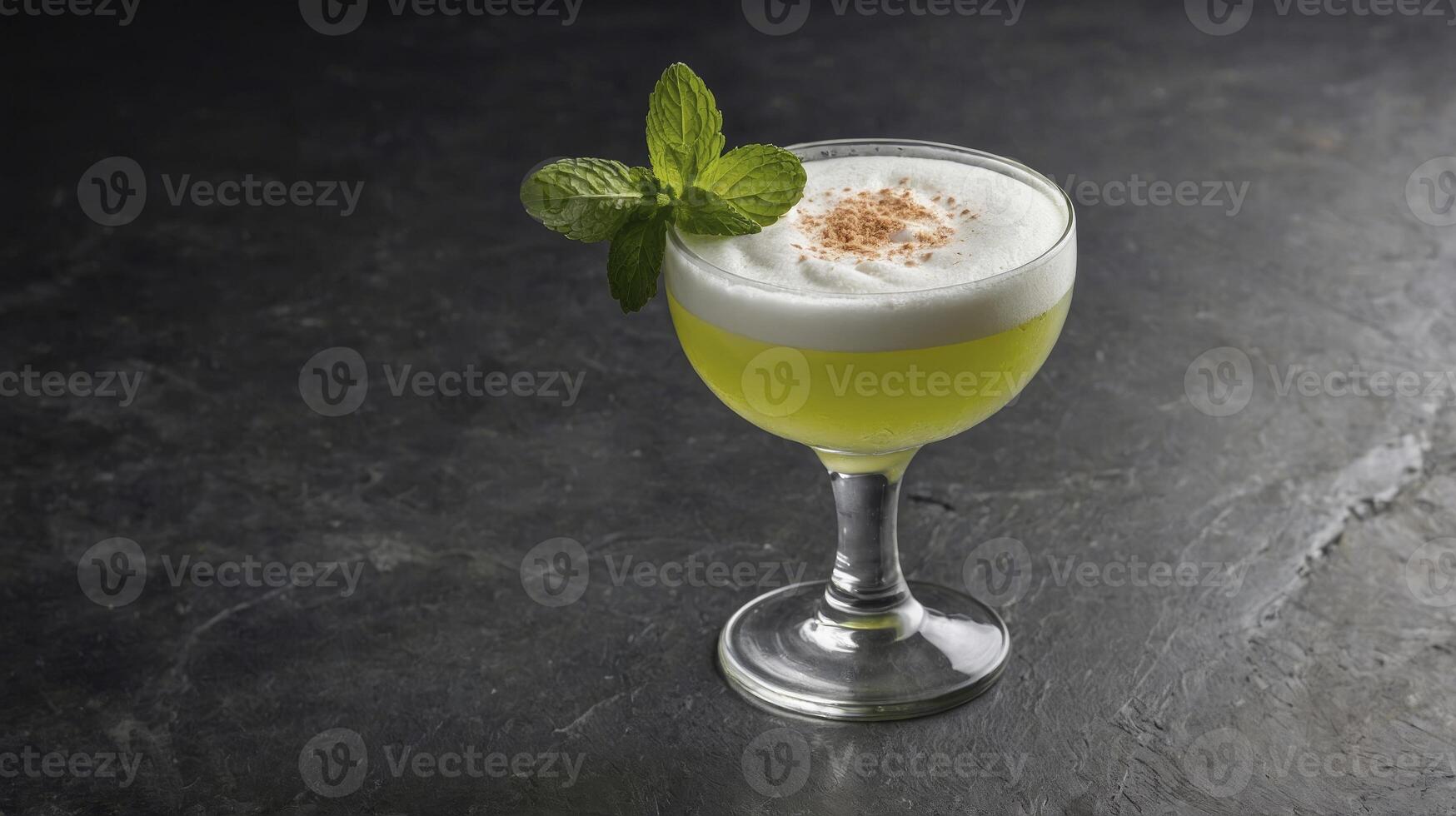Refreshing Green Cocktail with Mint Garnish on Dark Textured Surface photo