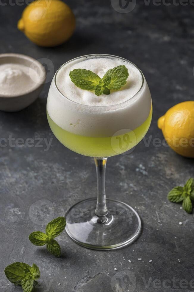 Refreshing Lemon and Mint Cocktail with Foamy Top on Gray Surface photo