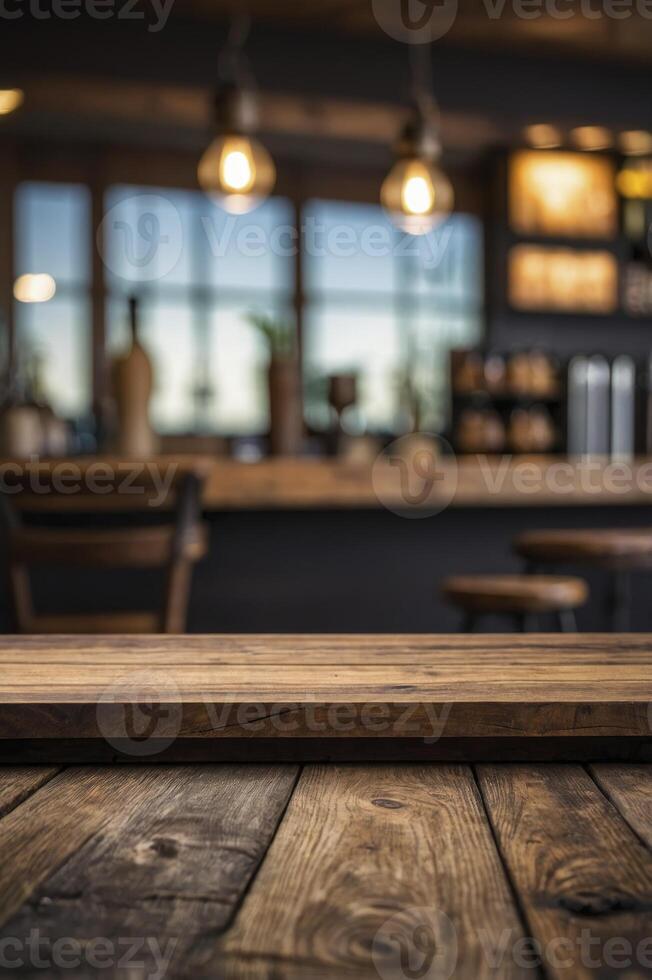Rustic Wooden Table in Cafe with Blurry Background and Hanging Lights photo