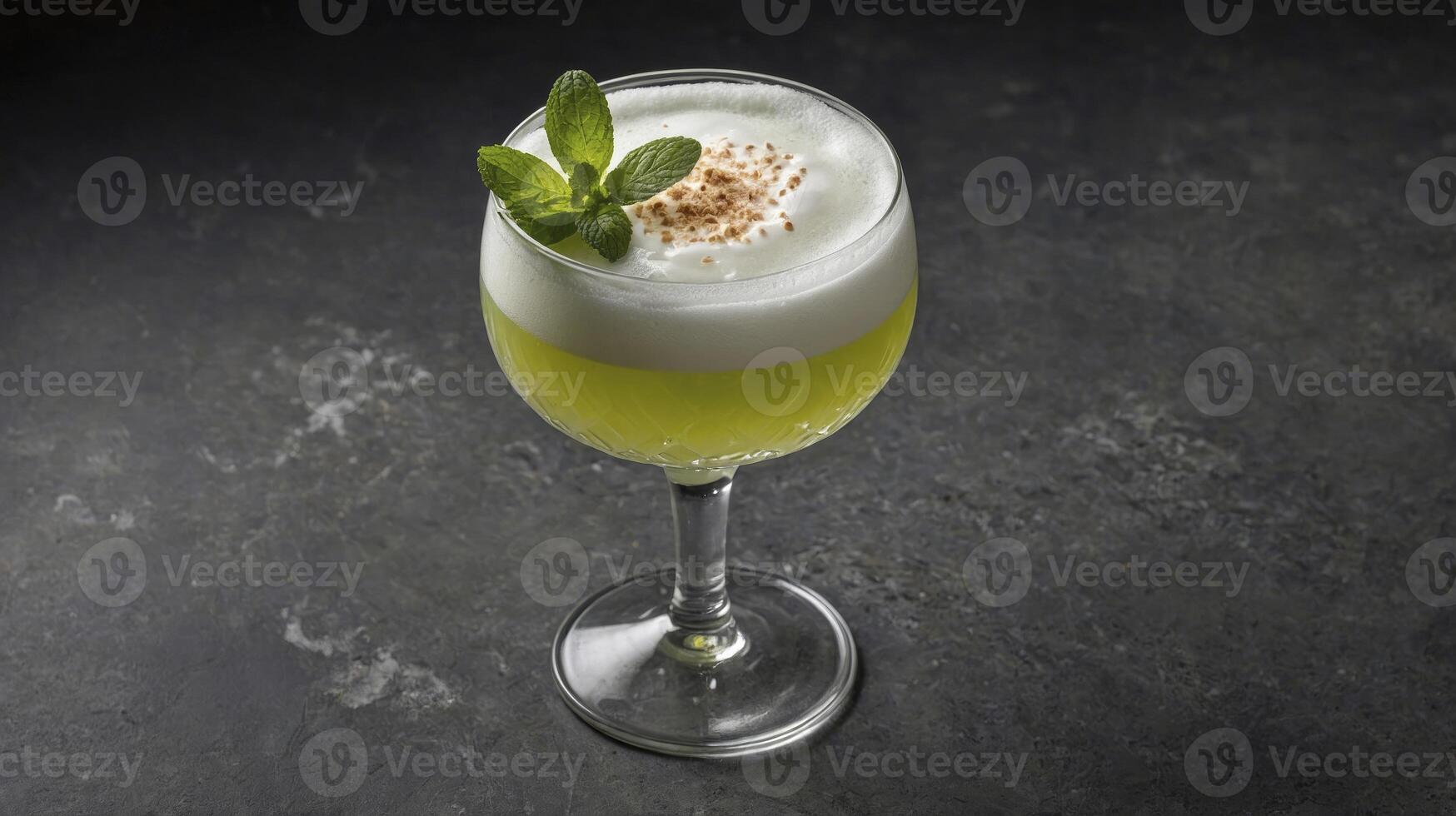 Refreshing Green Cocktail with Frothy Topping and Mint Garnish on Dark Surface photo