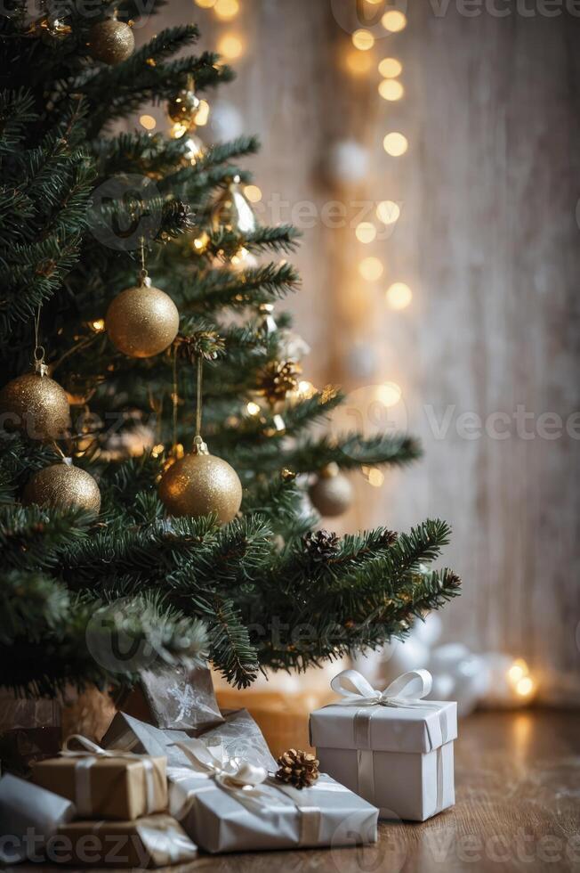 Decorated Christmas Tree with Gifts and String Lights Creating Warm Mood photo