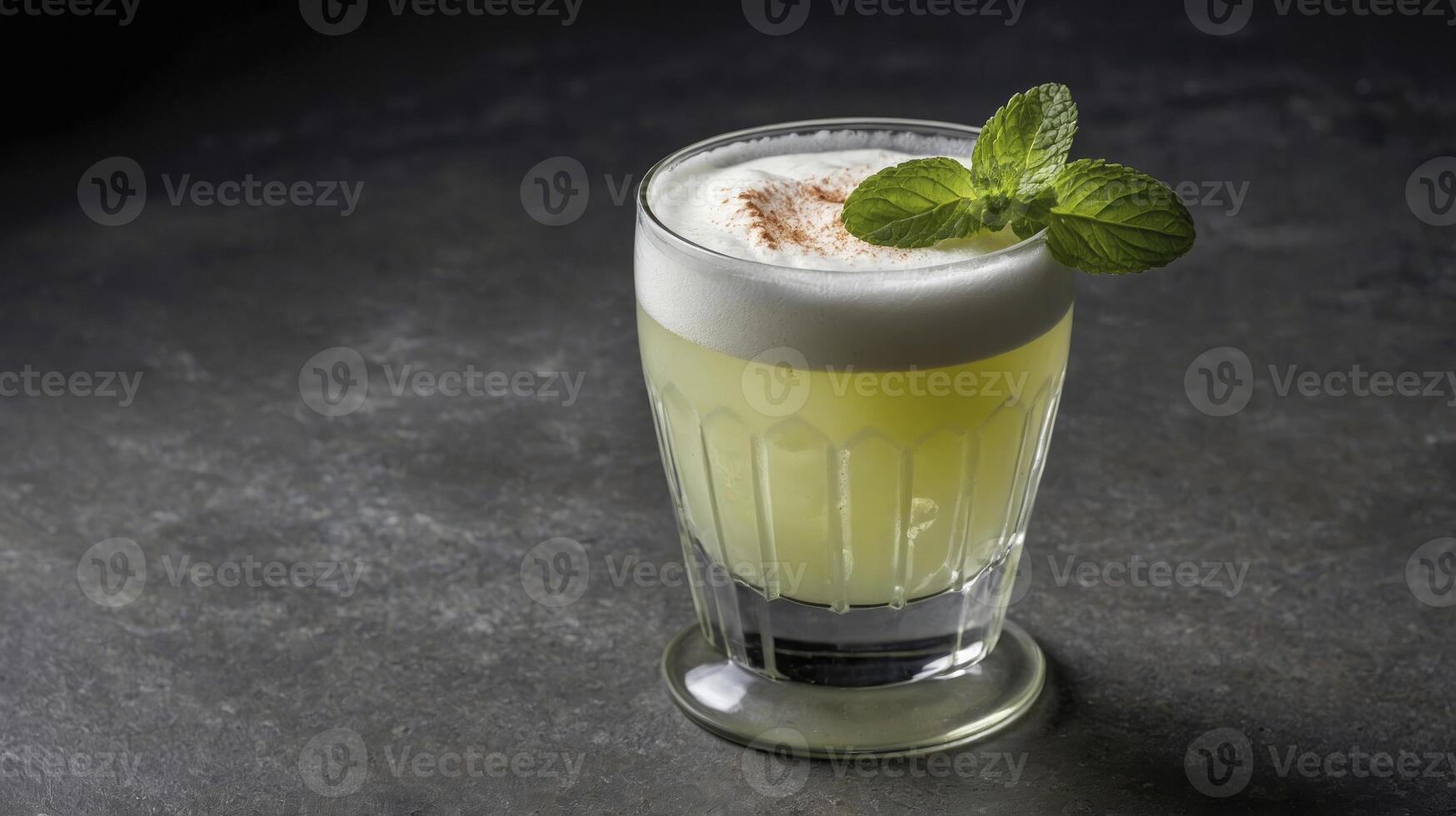 Refreshing Pisco Sour Cocktail Garnished with Mint on Dark Background photo