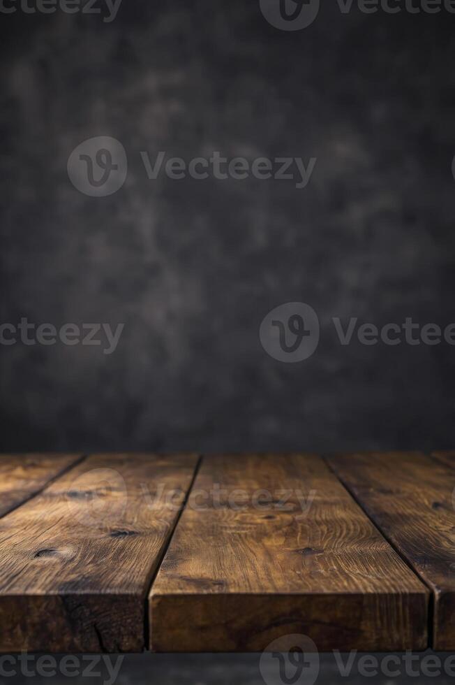Rustic Wooden Table Surface with Dark Background for Product Display photo