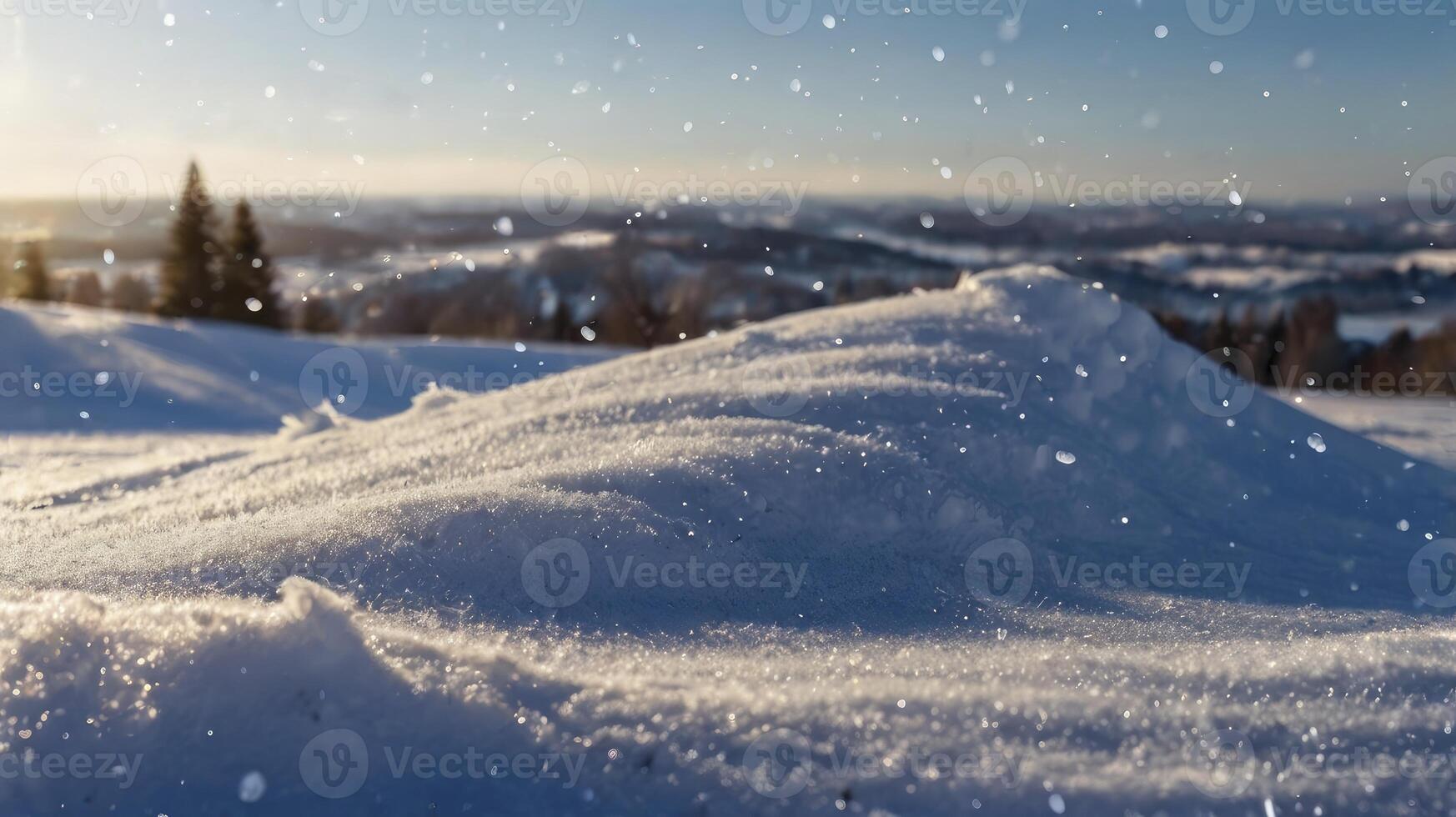 Snow Covered Hillside Landscape with Soft Sunlight and Falling Snowflakes photo