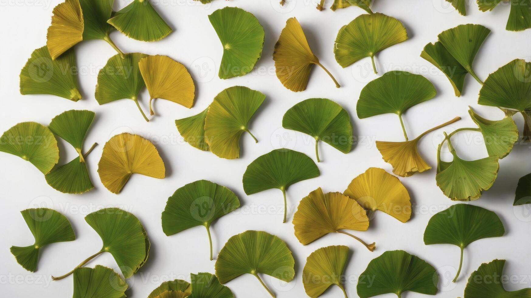 Scattered Gingko Leaves with Green and Yellow Coloration on White Background photo