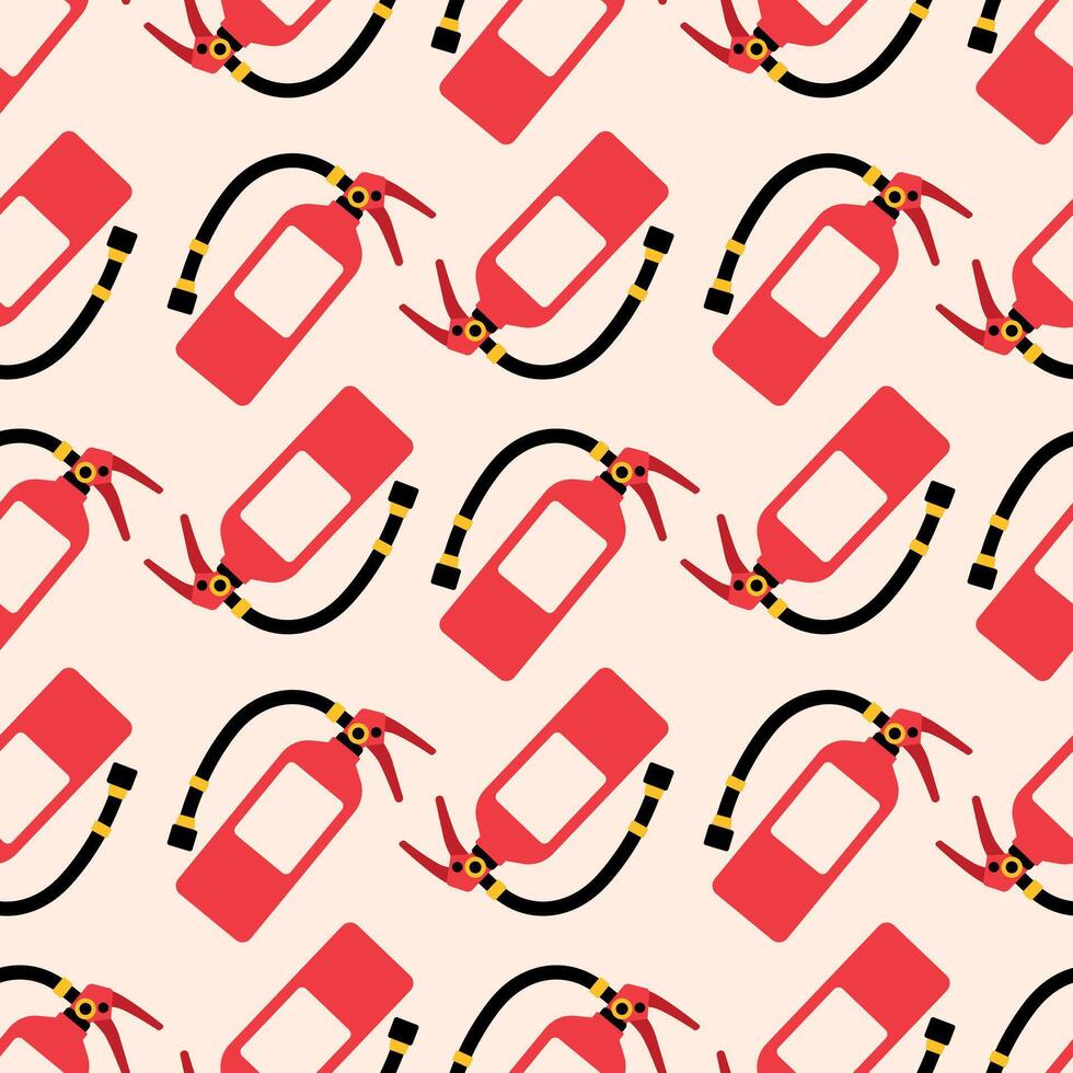Fire extinguisher seamless pattern. Red extinguisher in clip art style on a beige background. illustration for World Firefighters Day vector