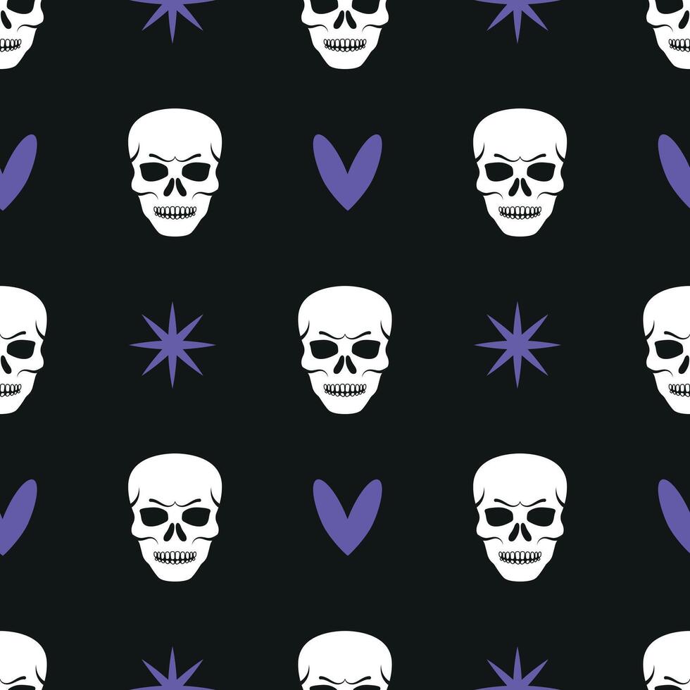 Skull, heart and stars seamless pattern. World goth day, rock day background. Gloomy illustration for wrapping paper, packaging, fabric, cover vector
