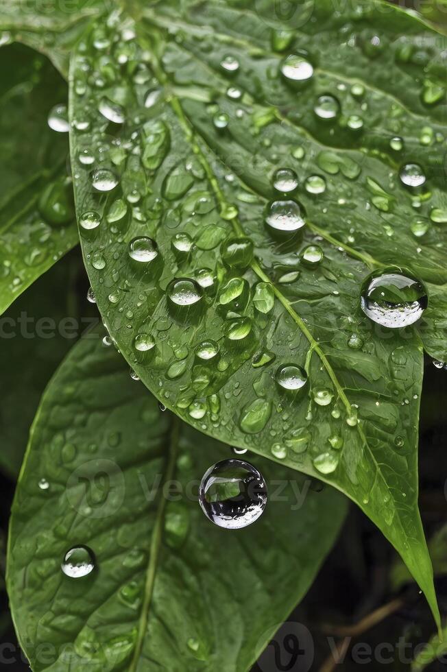 Water Droplets on Green Leaves After Rain Creating Abstract Patterns photo