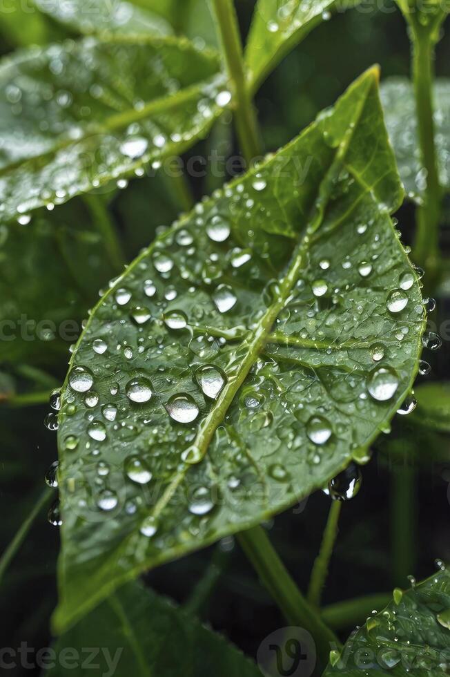 Green Leaf Macro with Water Droplets Fresh Nature After the Rain photo