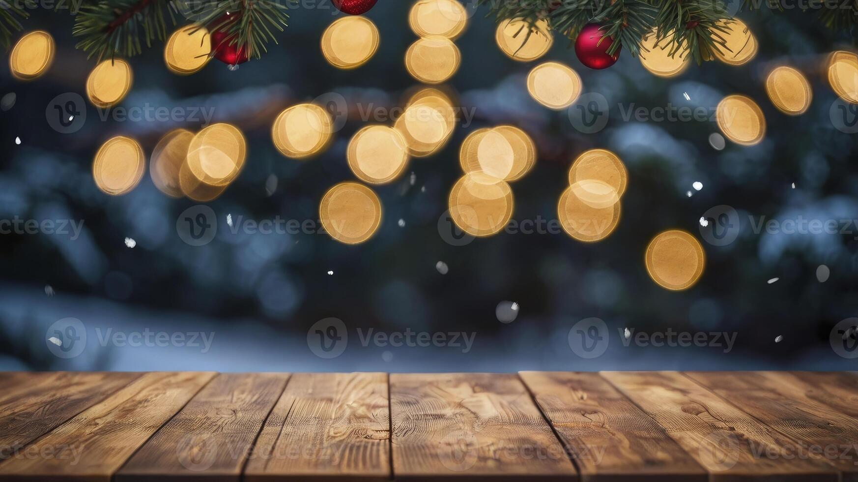 Festive Christmas Background with Wooden Table and Bokeh Lights Effect photo