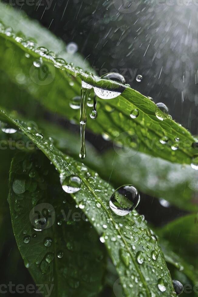 Water Droplets on Green Leaves in Rain Showers Natural Close-up photo