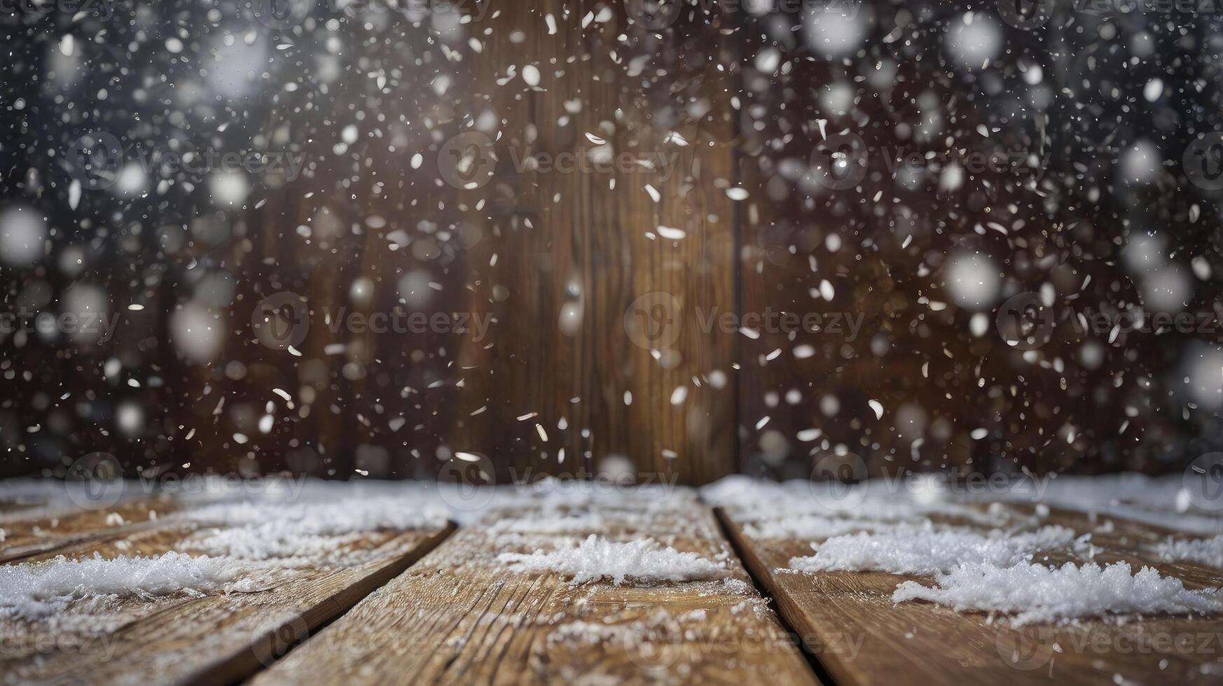 Falling Snow on Wood Planks Creates a Winter Background Scene photo