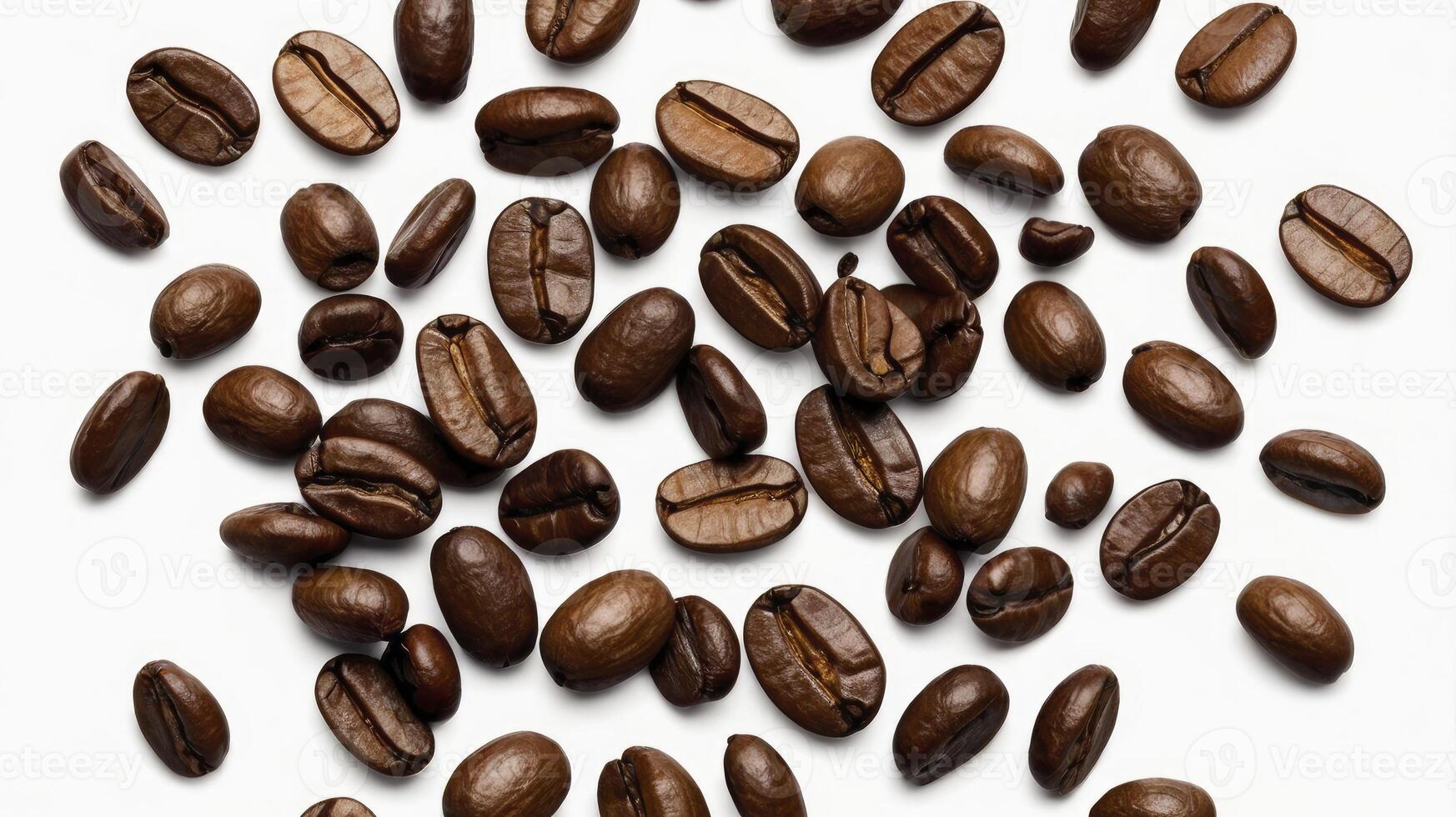 Scattered Coffee Beans Close Up on White Background for Food Concepts photo