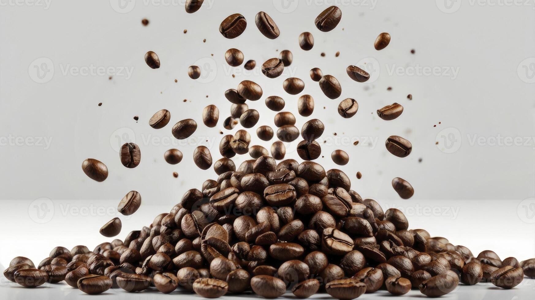 Flying Roasted Coffee Beans Falling Onto a Pile Against a White Background photo