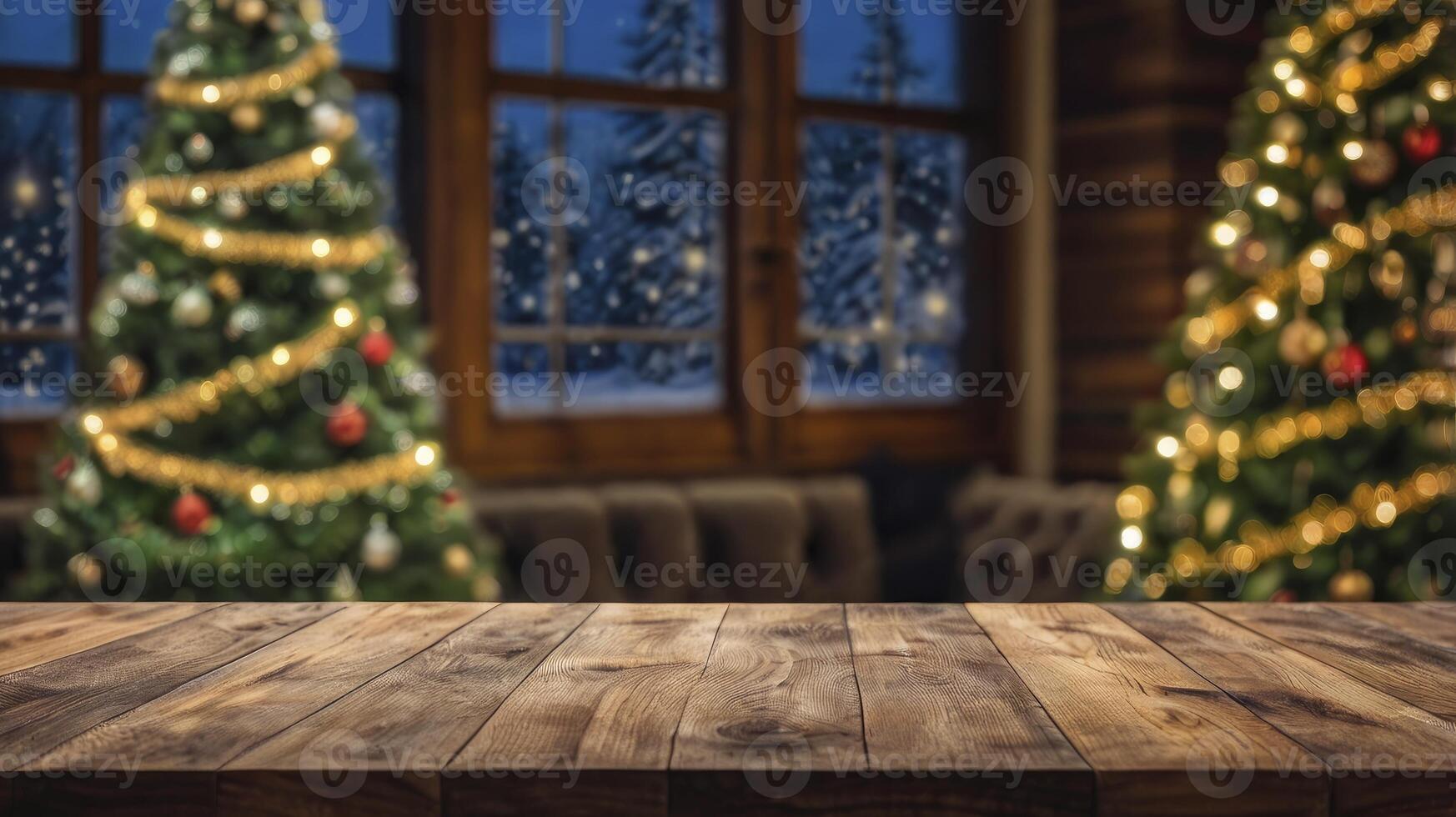 Christmas Decorations and Presents Background with Wooden Table and Trees photo