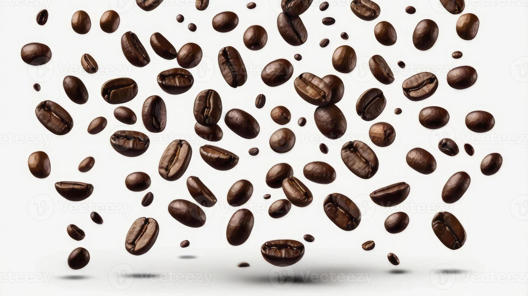 Falling Coffee Beans Isolated on White Background for Drink Concept photo