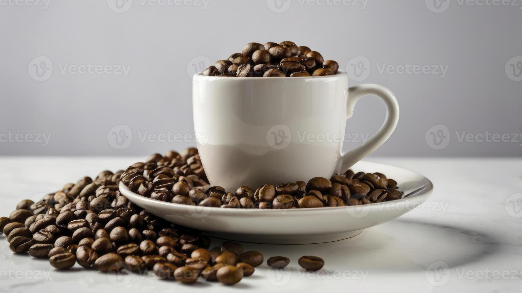 Coffee Beans Overflowing From Cup on Saucer on Marble Surface photo