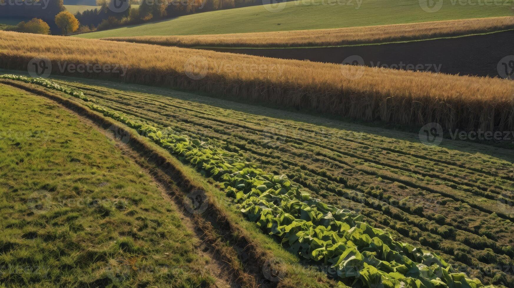 Scenic Farmland Landscape with Rows of Crops and Rolling Hills photo