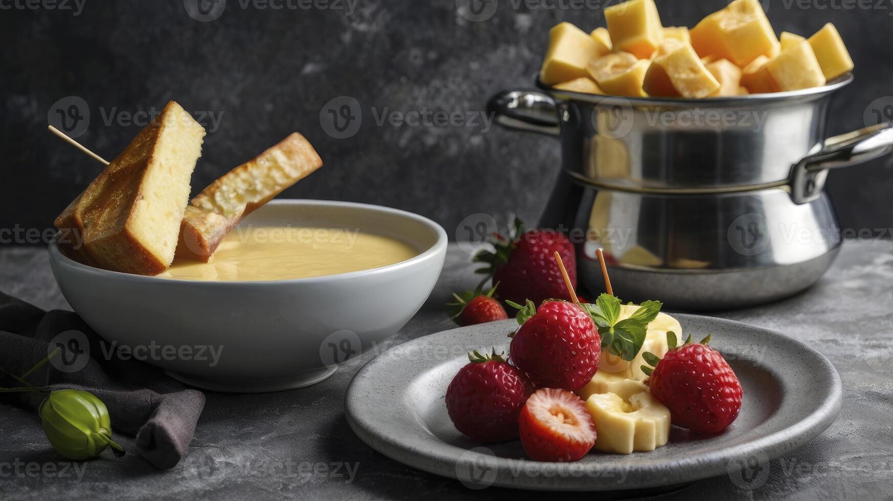 Enjoying Cheese Fondue with Fresh Strawberries and Bread Pieces photo