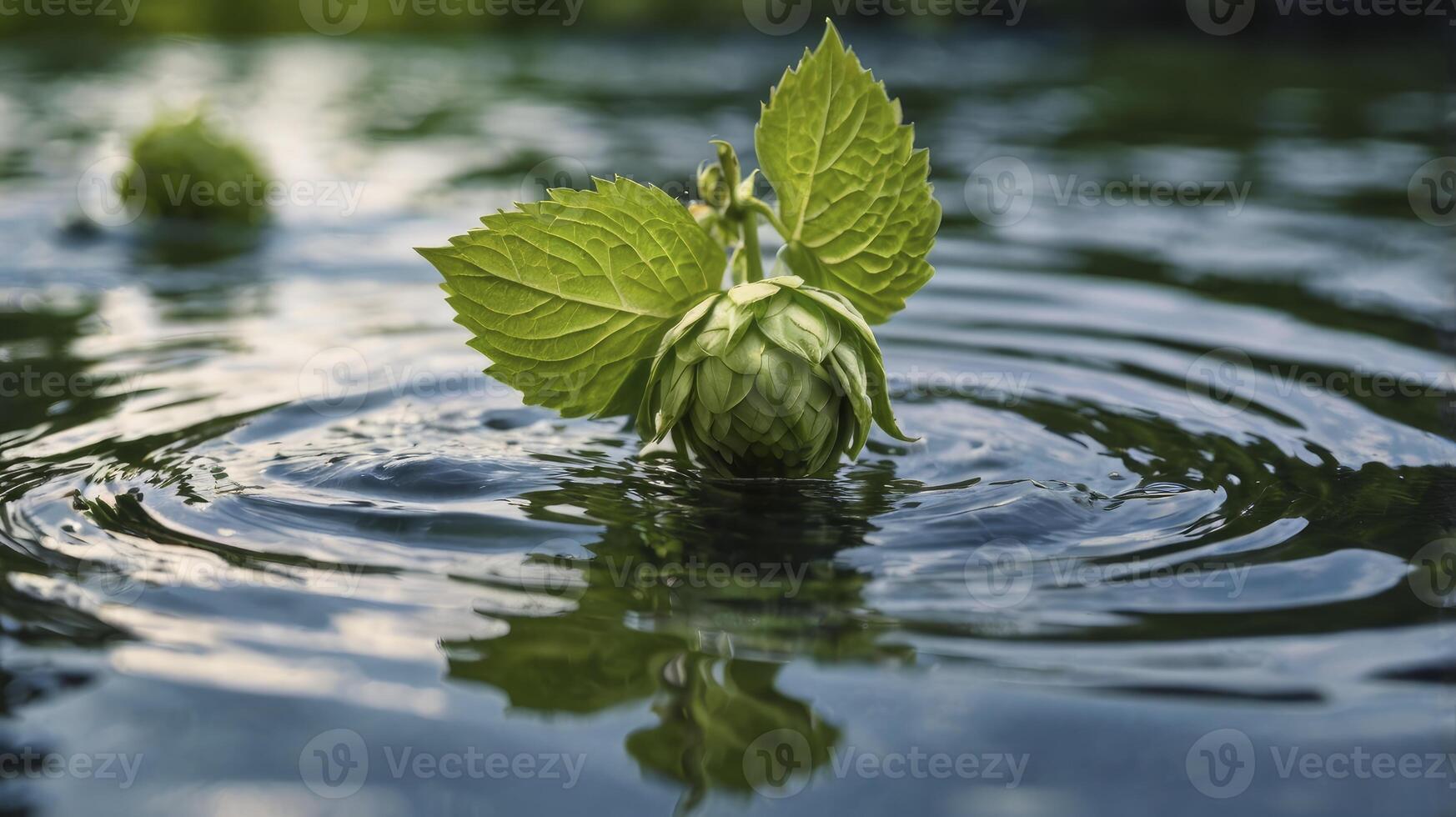 Hops Flower Floating on Water Creating Ripples in the Water photo