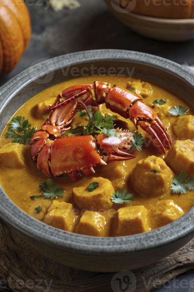 Serving Pumpkin Curry Soup with Crab Claw and Cilantro Garnish photo