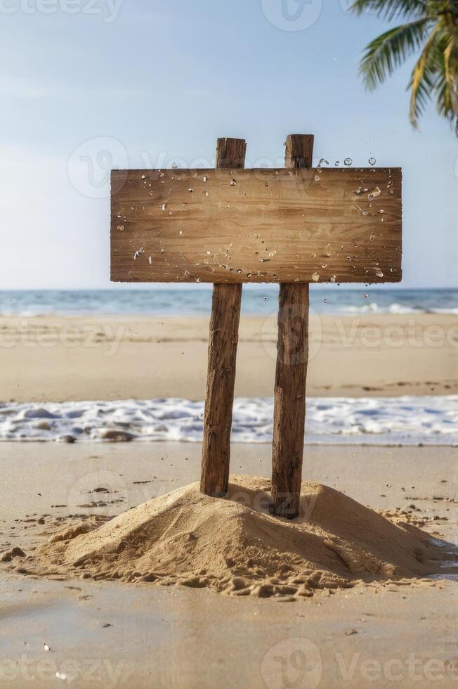 Wooden Sign on Sandy Beach with Ocean Backdrop and Palm Tree photo