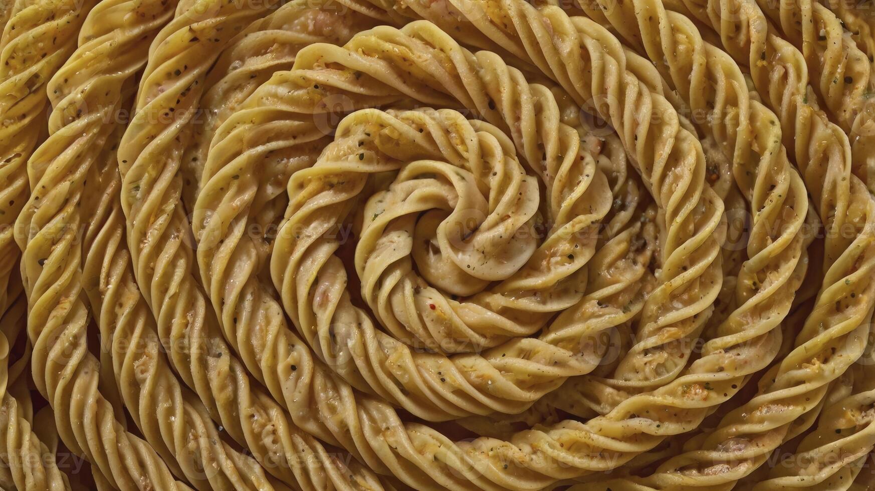 Delicious Twisted Pasta Dish Displayed in a Swirl Pattern Close Up photo