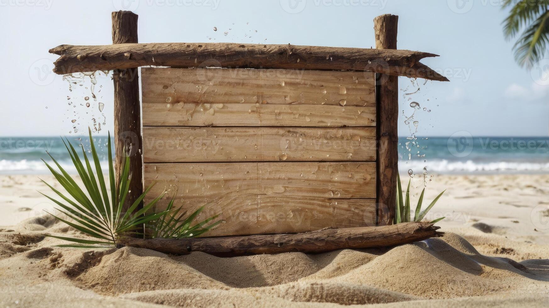 Wooden Sign on Sandy Beach with Palm Tree and Ocean View photo