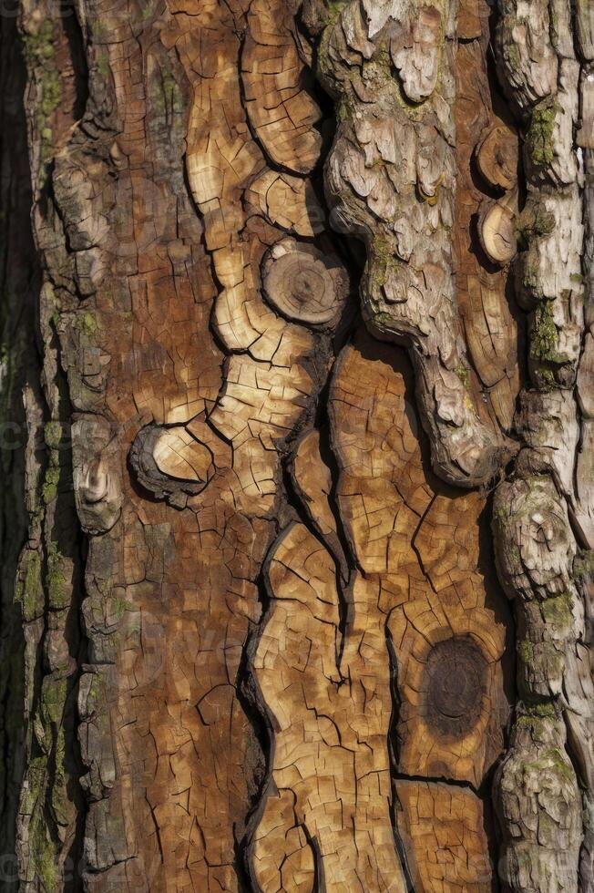 Tree Bark Texture Close-up with Moss, Cracks and Detailed Pattern photo