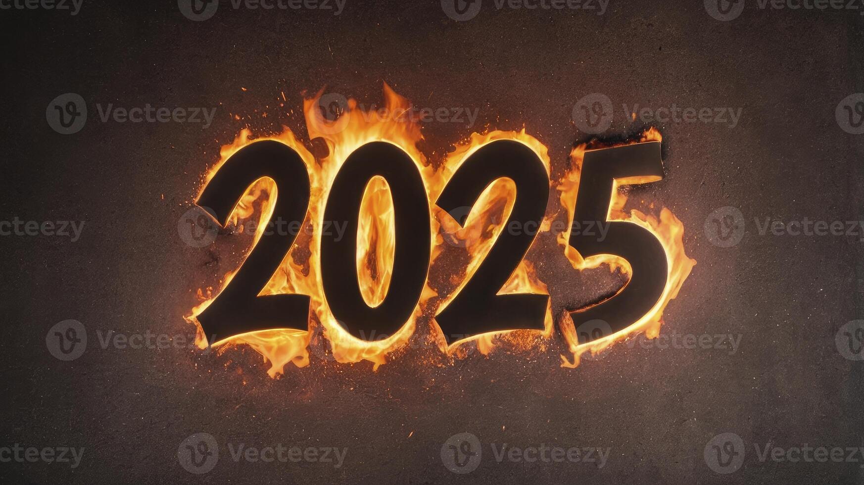 Burning 2025 New Year Number on Dark Background with Fire Effect photo