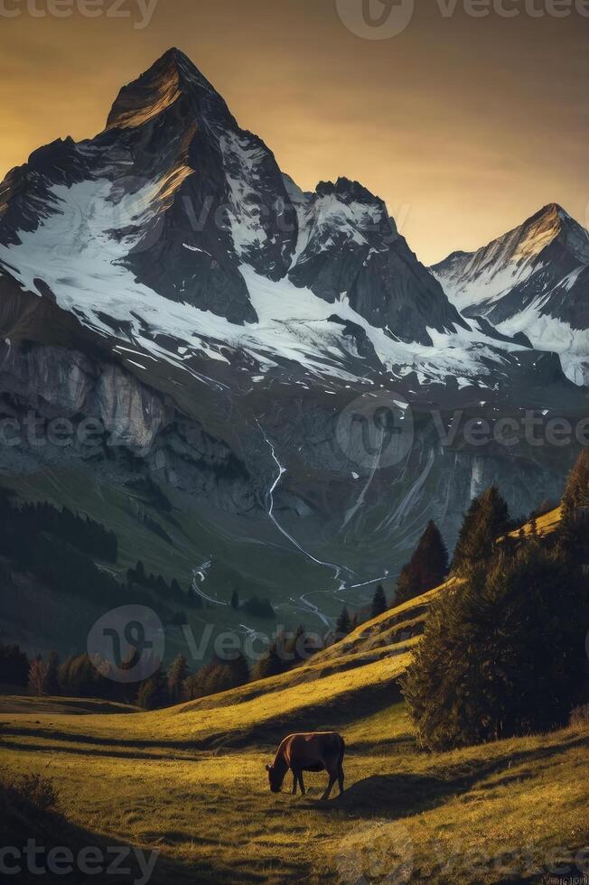 Cow Grazing in Alpine Meadow with Snow-capped Mountain Backdrop Scenery photo