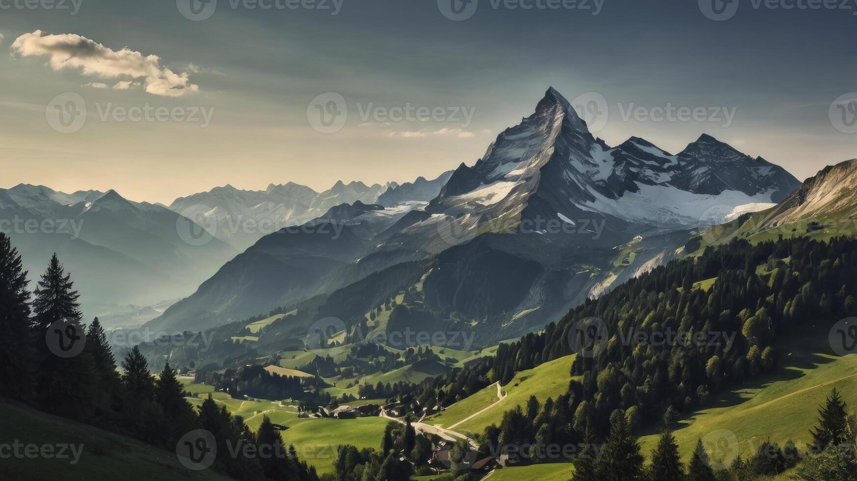 Scenic Mountain Range Landscape with Green Valley and Snow Peaks photo