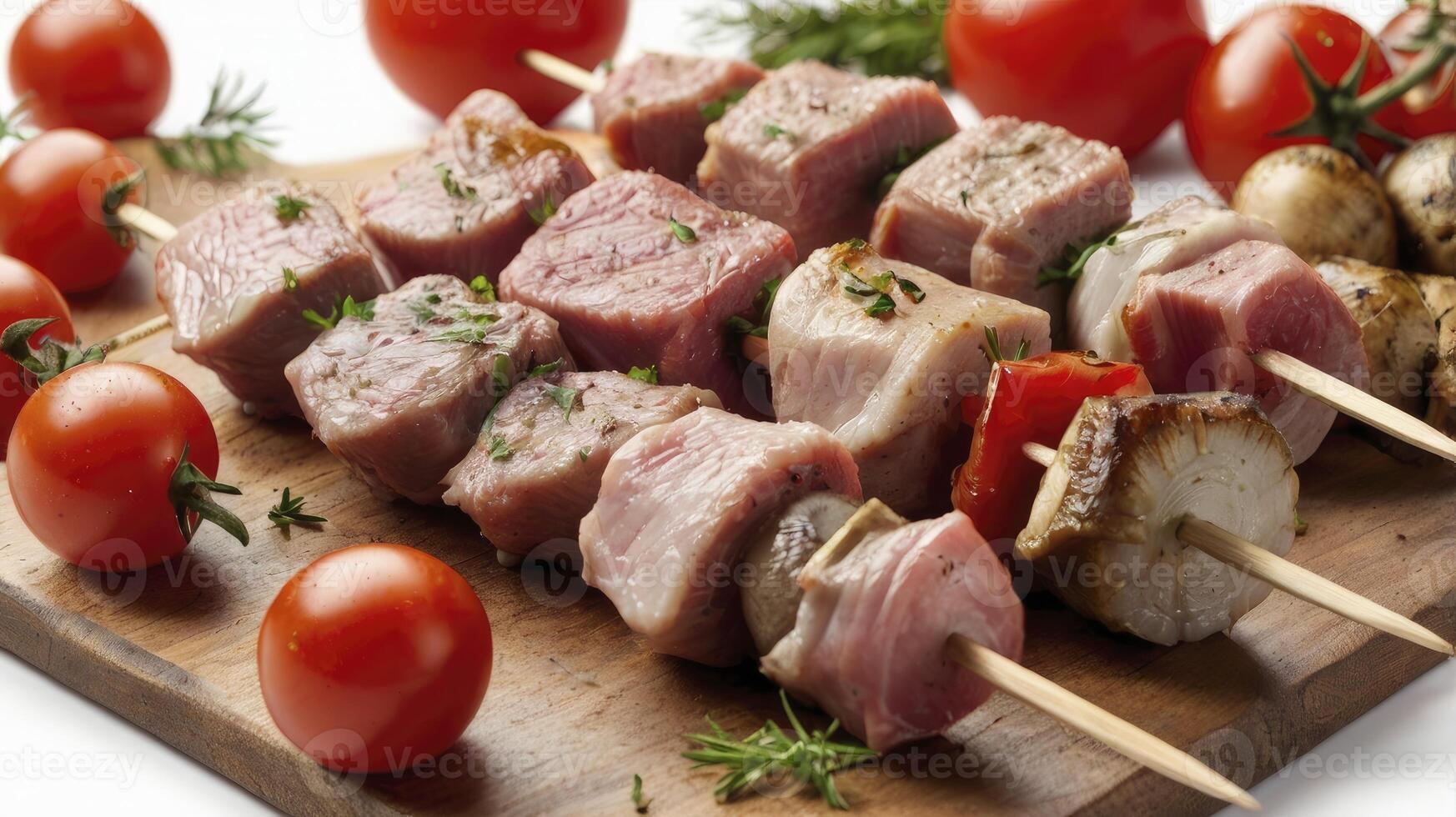 Preparing Meat Skewers with Cherry Tomatoes photo