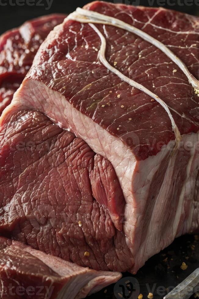 Preparing Raw Beef Roast Ready for Cooking Tied with String photo
