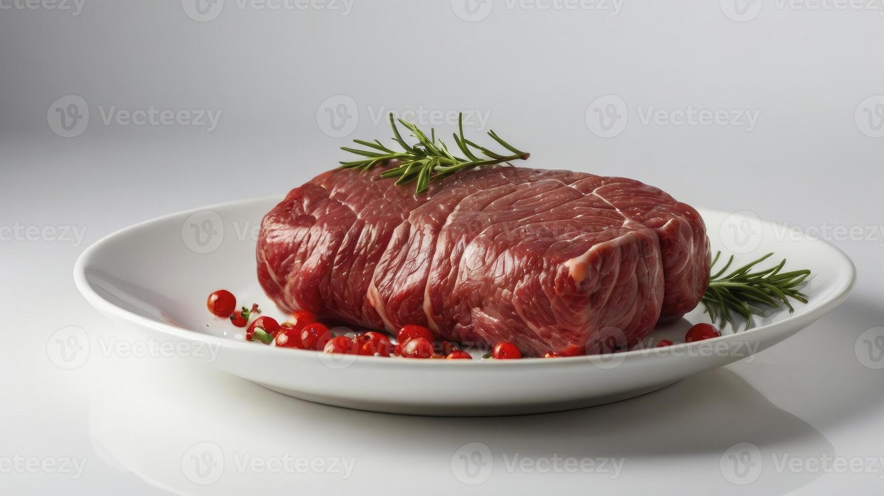 Fresh Beef Roast on Plate Garnished with Rosemary and Red Currants photo