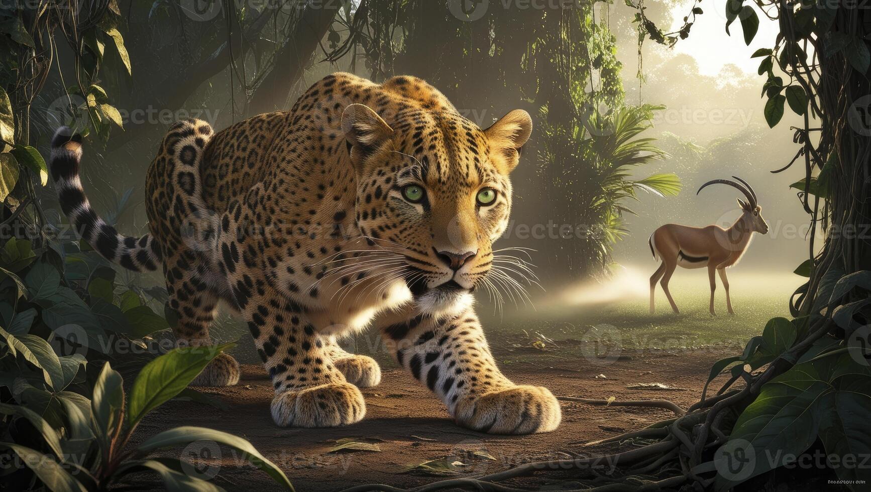 Leopard Stalking Prey in Jungle Habitat with Gazelle in Distance photo