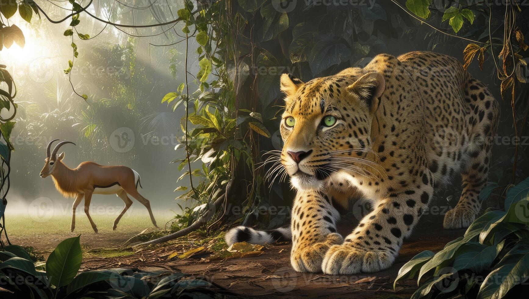 A leopard and gazelle in the jungle photo