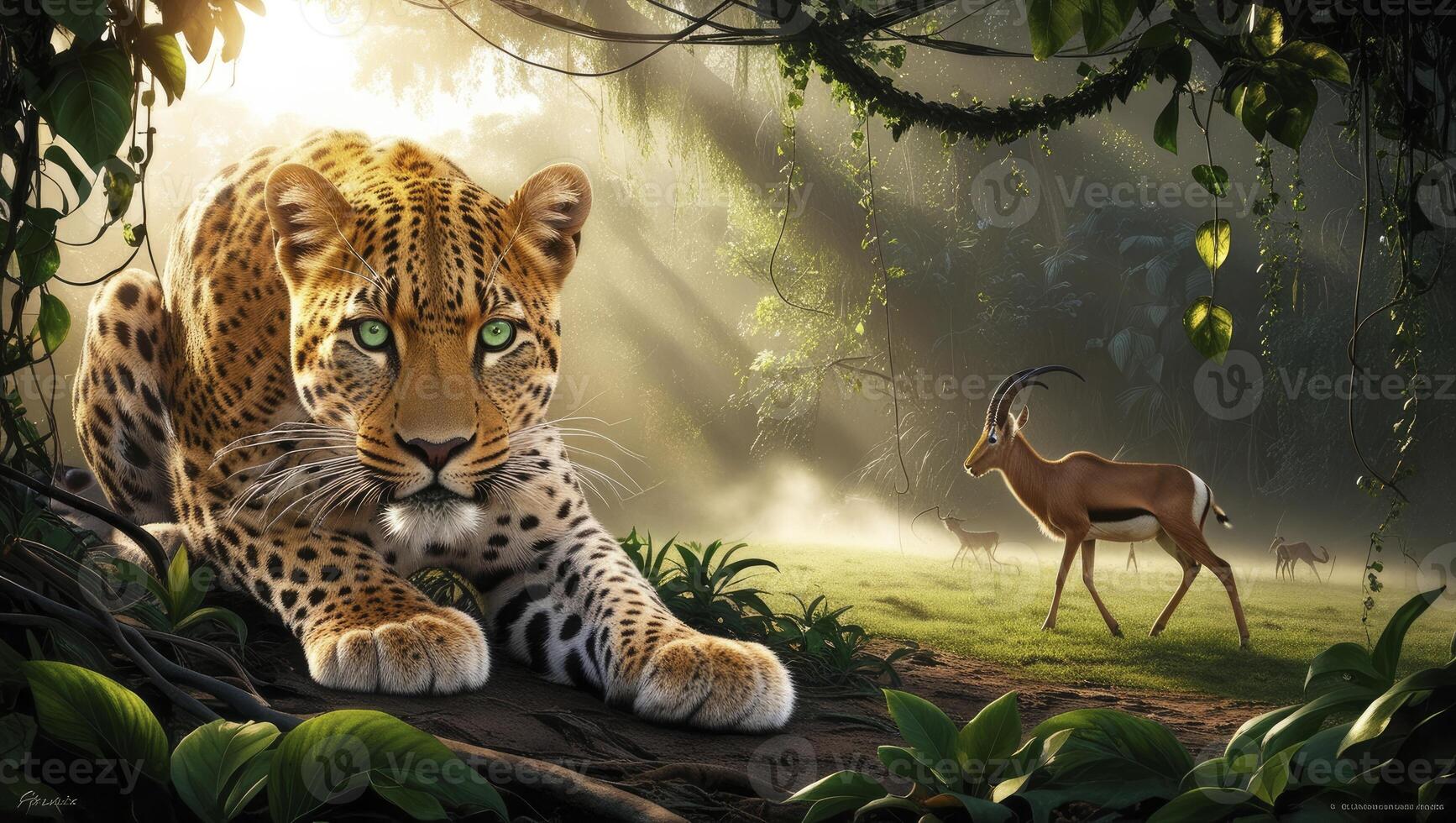 Leopard Preparing to Pounce in Jungle with Gazelle at a Distance photo