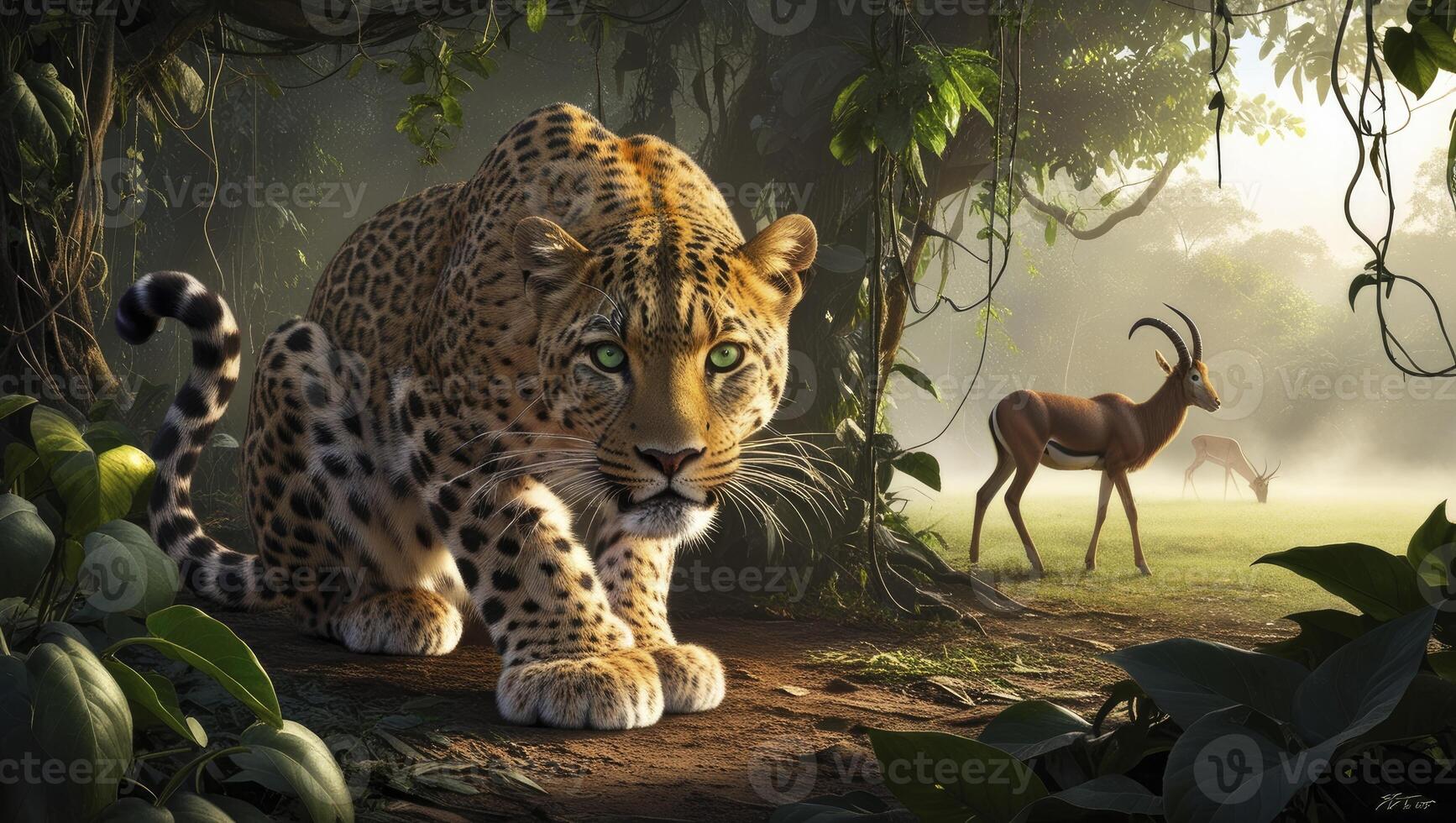 Leopard in Jungle Stalking Impala Wildlife Scene with Lush Vegetation photo