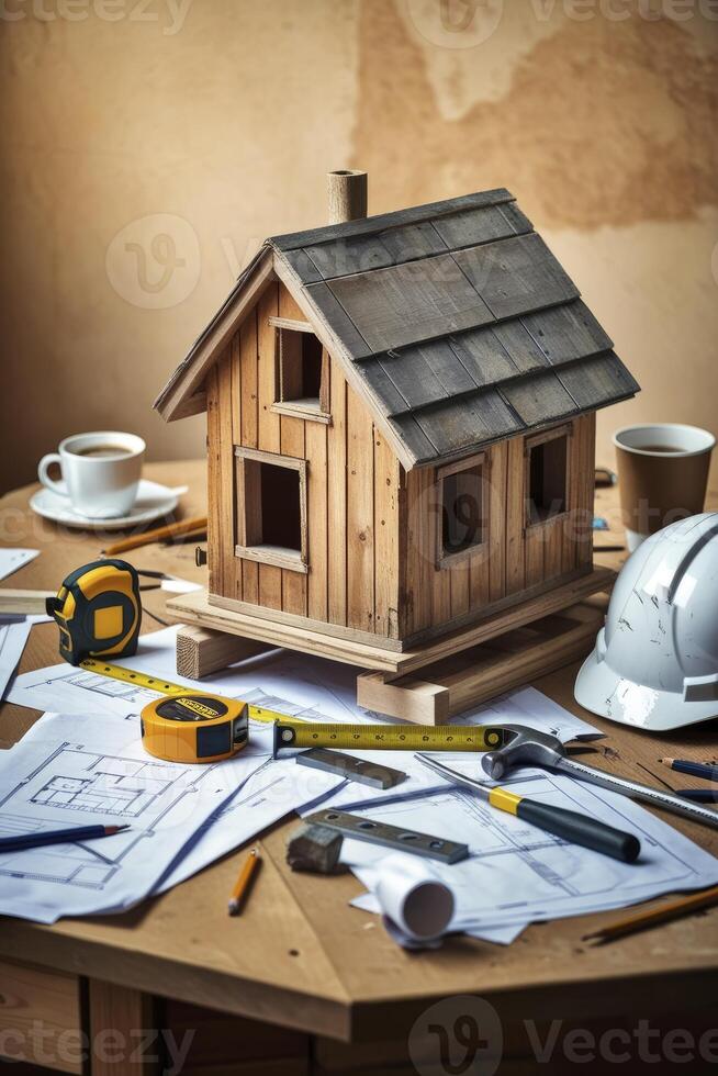 Model House with Blueprints, Tools, and Coffee on a Workshop Table photo