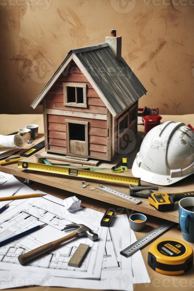 Building Model House with Tools and Blueprints Concept Construction Project photo