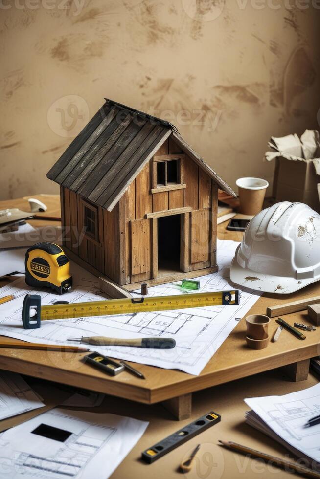 Model House and Construction Tools on Table with Blueprints and Hard Hat photo