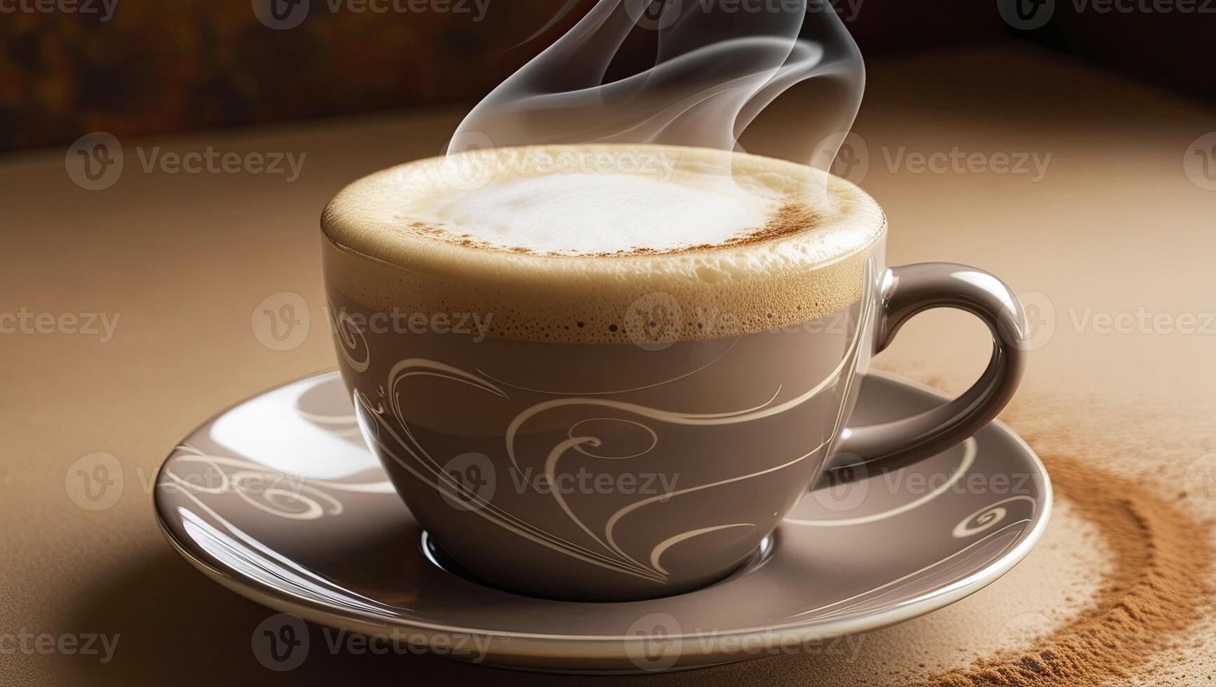 Steaming Coffee Latte in Decorative Mug on Saucer with Cinnamon photo
