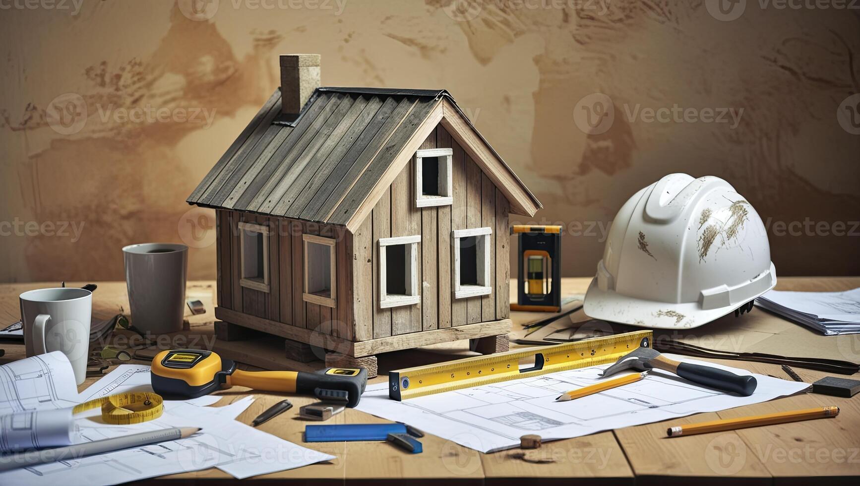 Building a Model House with Tools on a Table and Blueprints photo