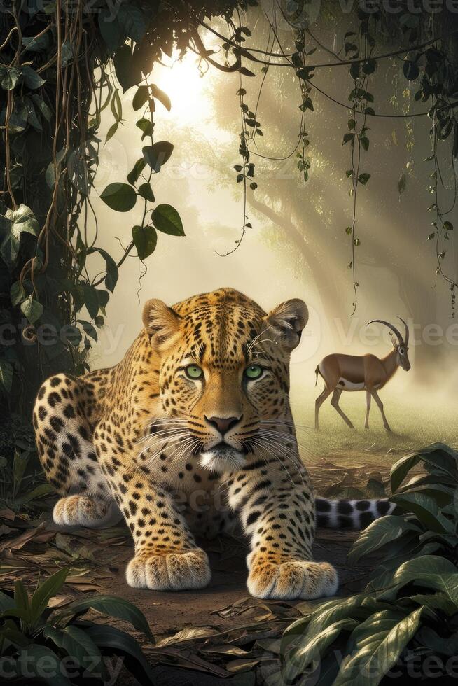 Leopard Prowling in Jungle with Antelope Standing Nearby in Misty Light photo