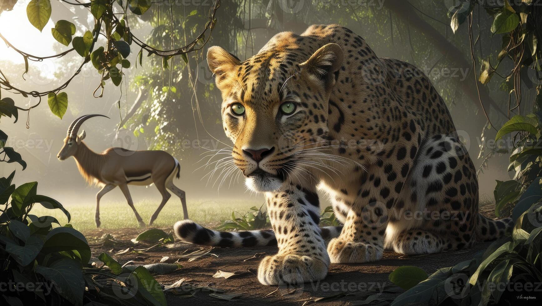 Leopard Hunting in Jungle with Impala Animal in Background photo