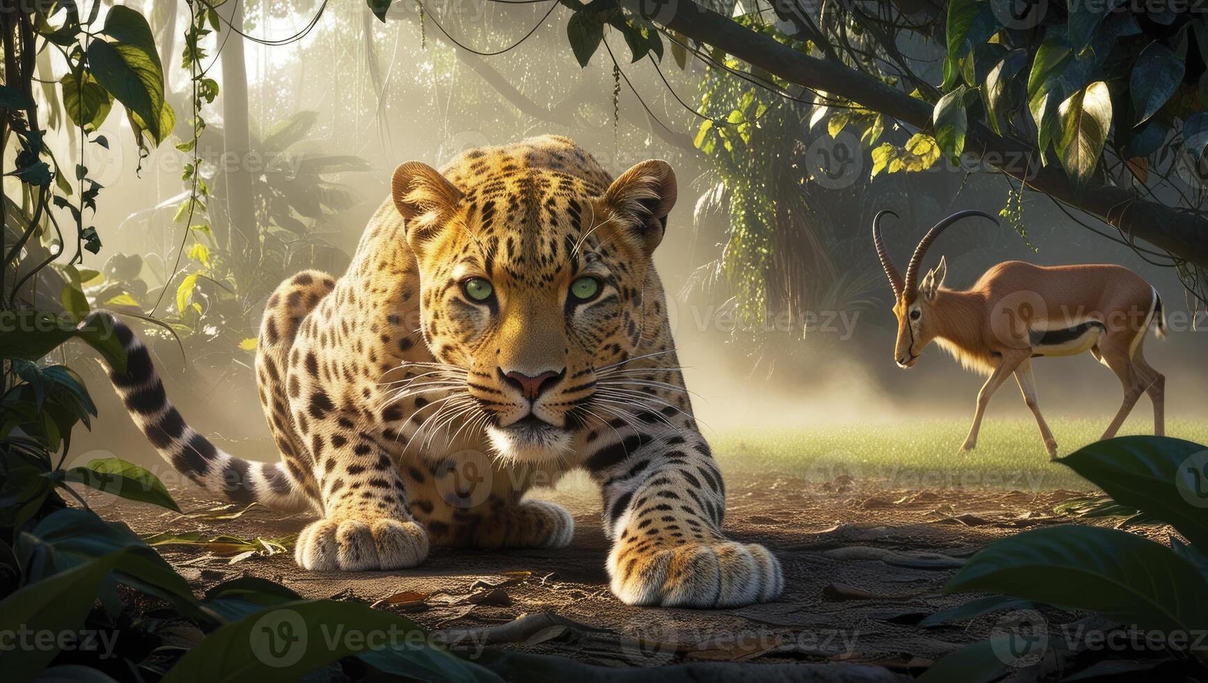 Leopard Stalking Prey Gazelle in Misty Jungle Environment Wildlife Scene photo