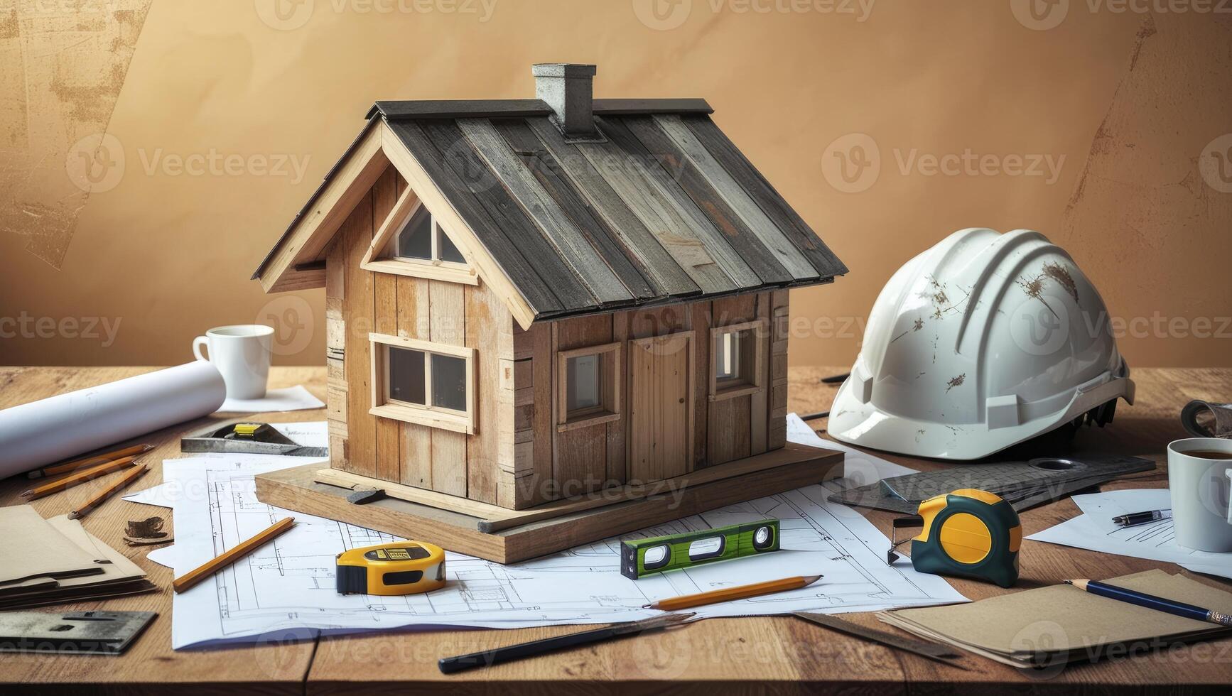 Examining House Model on Blueprint with Hardhat and Building Tools photo